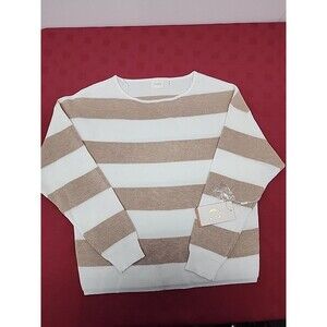 Cyrus Striped White/Taupe Crew Neck Pullover  Womens M Preppy Boaty Classic NWT